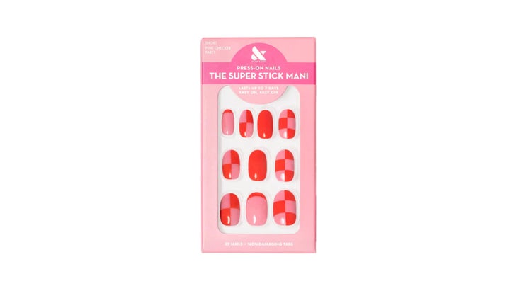 pink and red checkered press-on nails