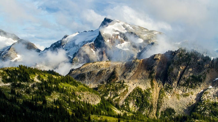 Monashee Mountains near revelstoke with cloud banks 