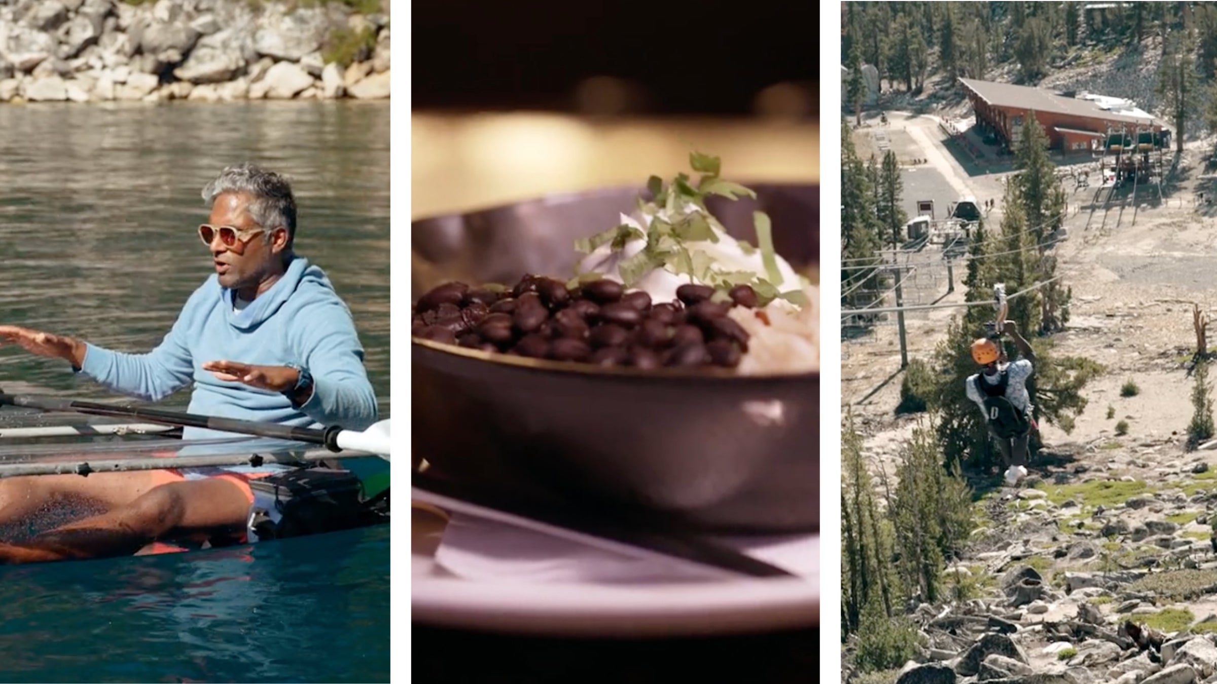 From left: Thomas kayaking on Lake Tahoe, a bean dish from Azul, and Thomas zip-lining near Lake Tahoe