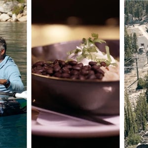 From left: Thomas kayaking on Lake Tahoe, a bean dish from Azul, and Thomas zip-lining near Lake Tahoe