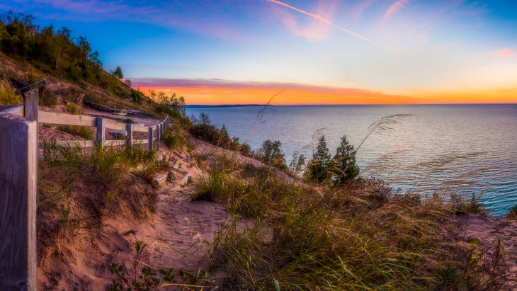 Sunset On Boardwalk Overlook at Sleeping Bear Dunes in Michigan