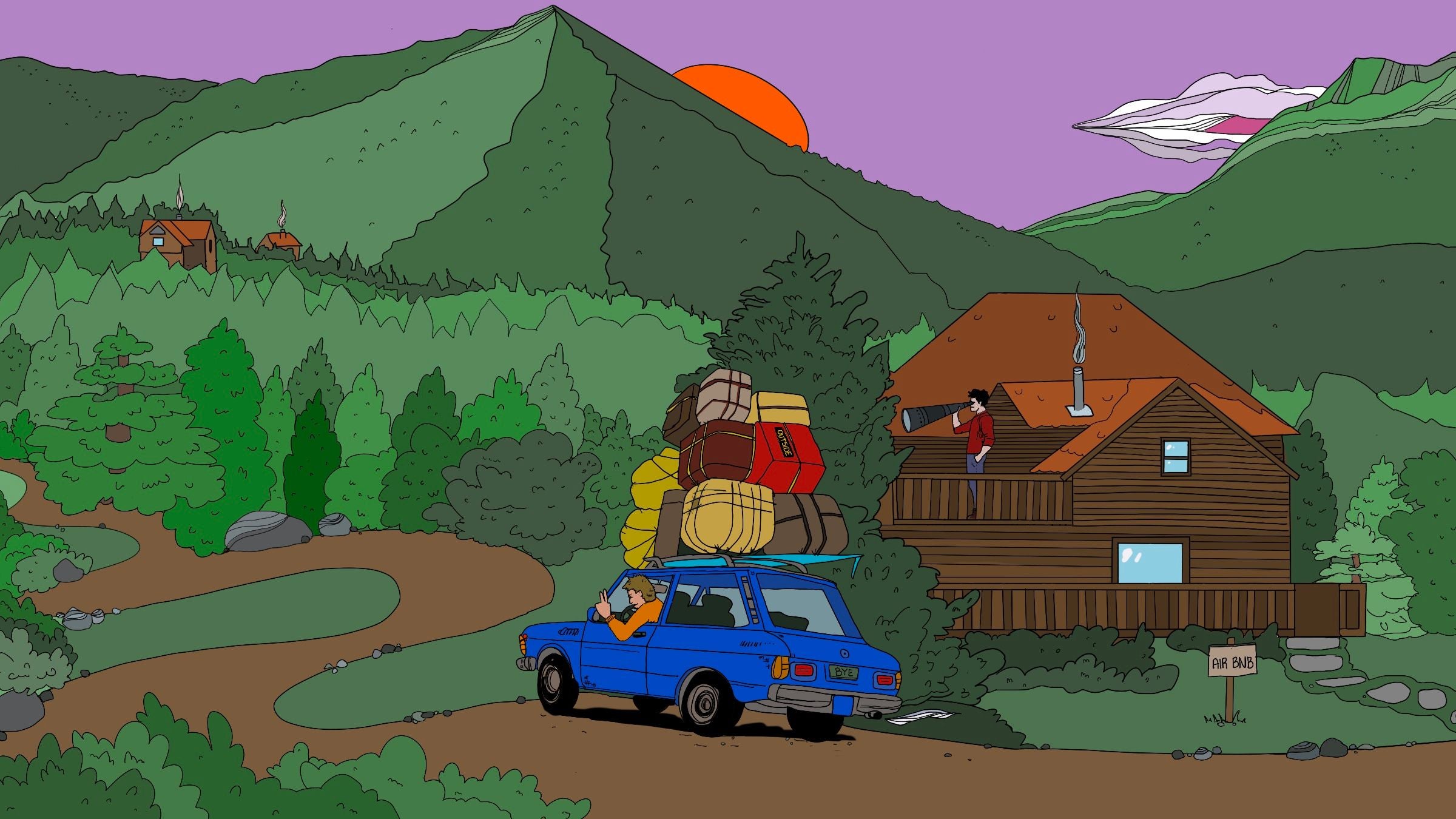 Illustration of a car loaded with gear near an Airbnb
