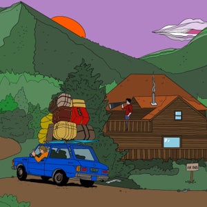 Illustration of a car loaded with gear near an Airbnb