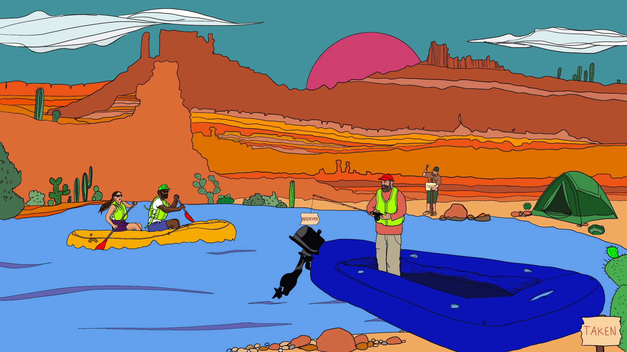 Illustration of rafters looking for a campsite