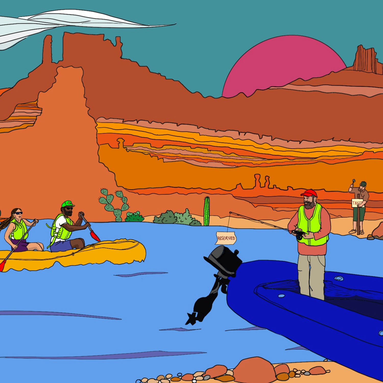 Illustration of rafters looking for a campsite