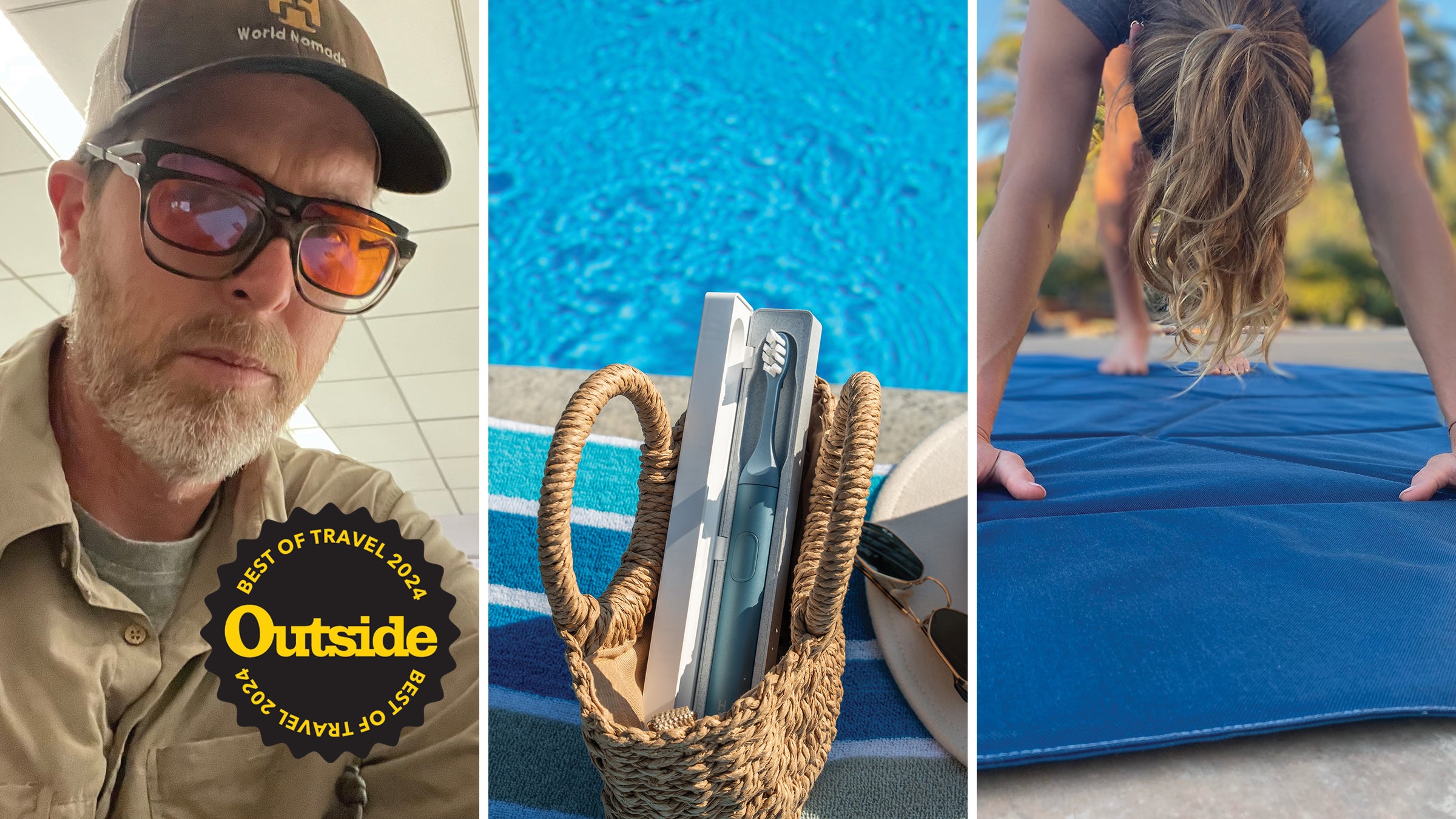 Triptych of travel hack images with the Outside "Best of Travel 2024" badge