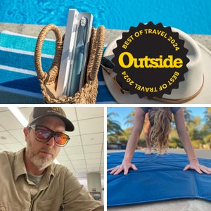 Triptych of travel hack images with the Outside