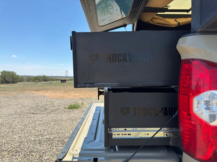 A side-on view of the Basecamp stacked drawers.