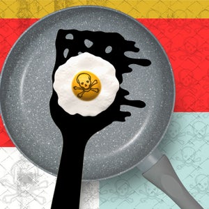 illustration of gray frying pan with a sunny side egg marked by a skull and crossbones and a melthing black plastic spatula