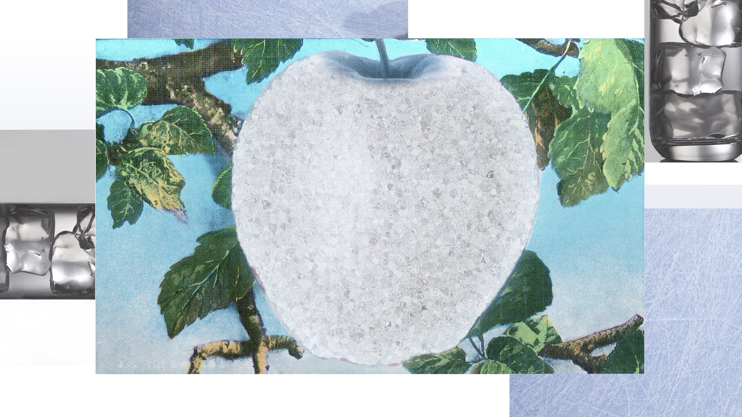 An abstract collage of a frozen grey-colored apple on top of a leaf an ice cube background.