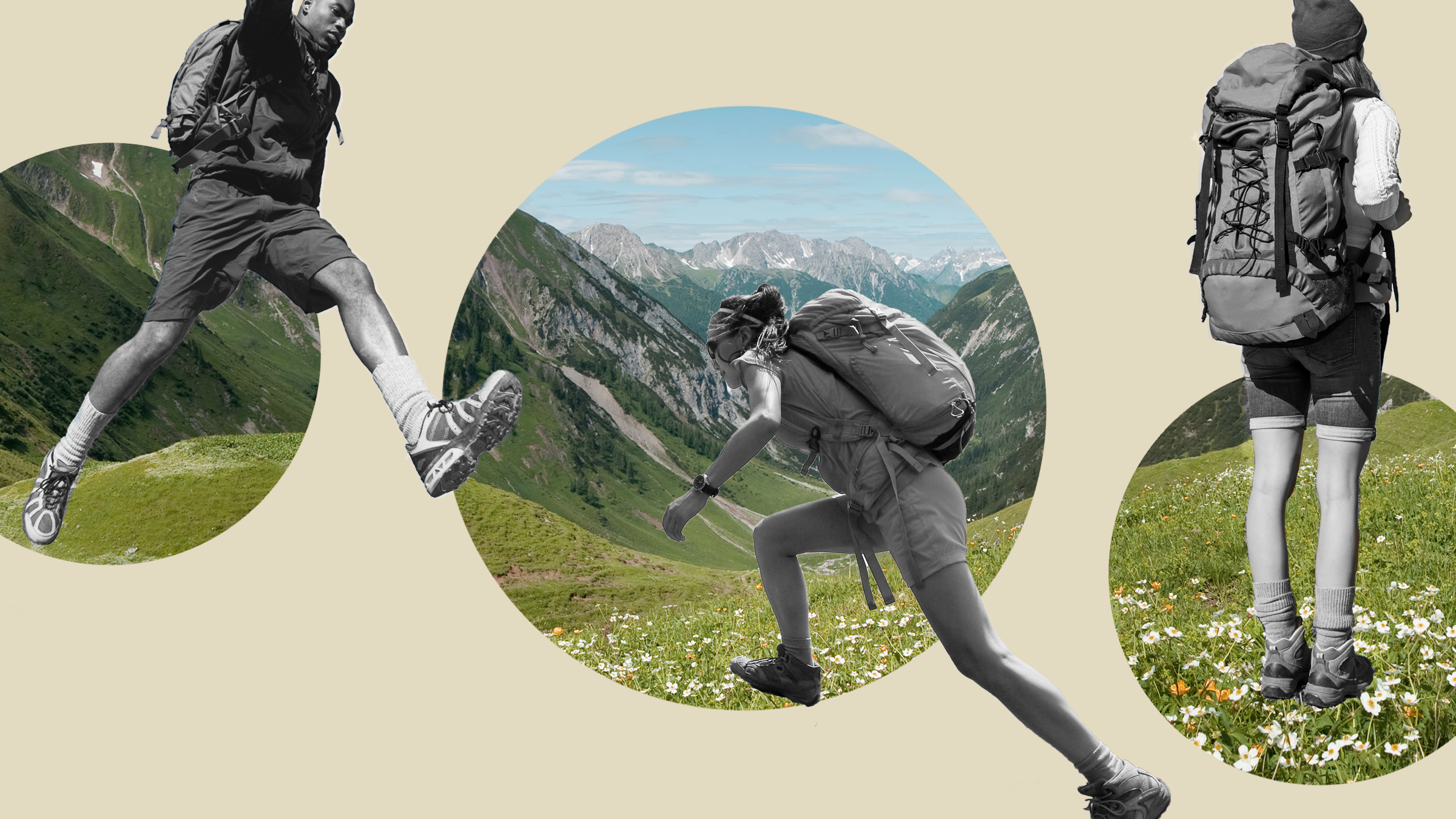 Collage of people rucking over mountain landscape