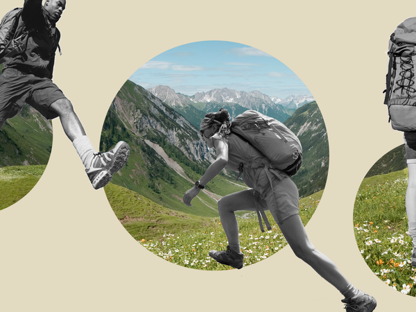 Collage of people rucking over mountain landscape