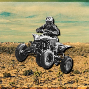 collage of man riding atv over desert landscape