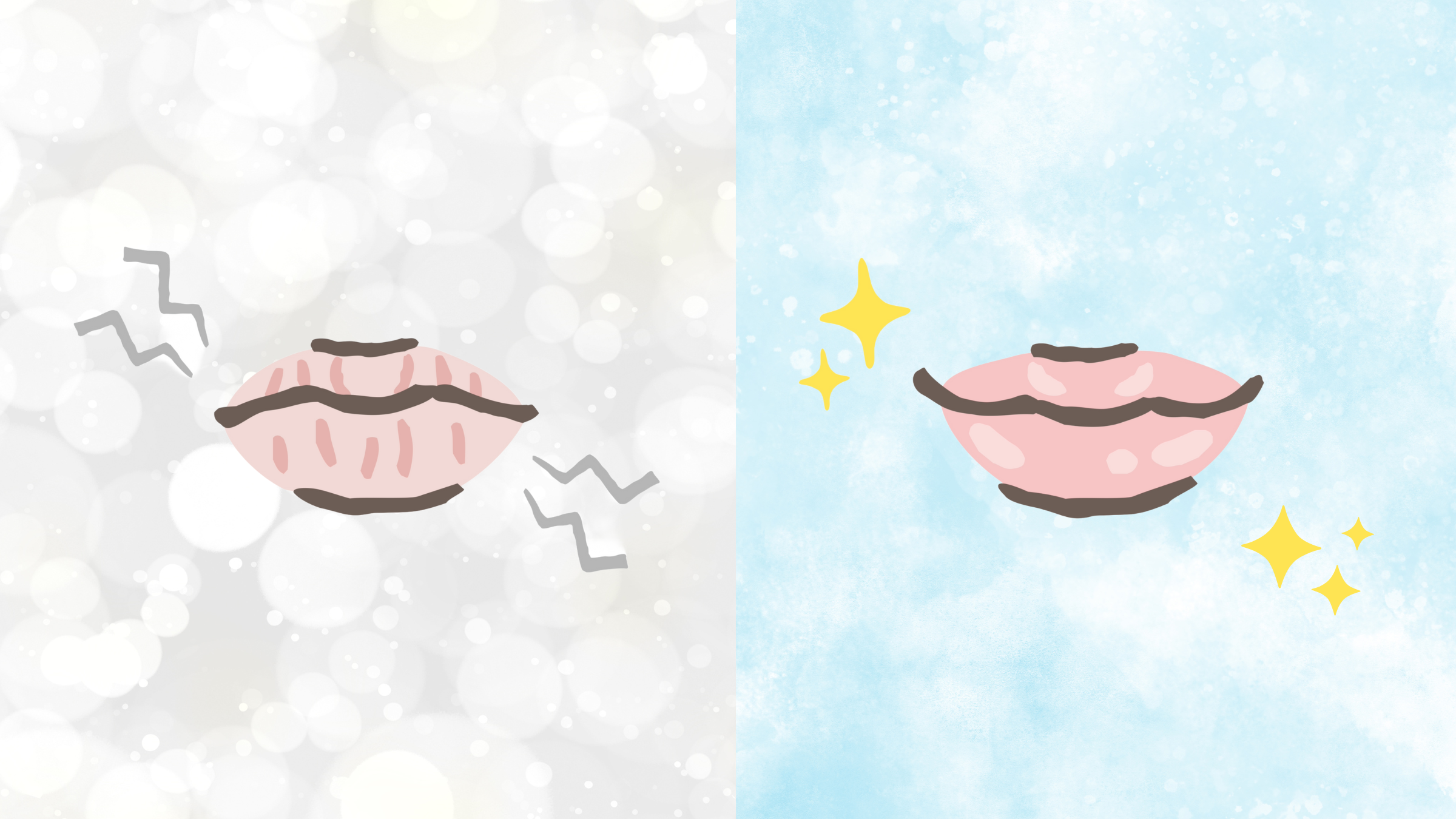 A side-by-side illustration of chapped lips and moisturized lips.