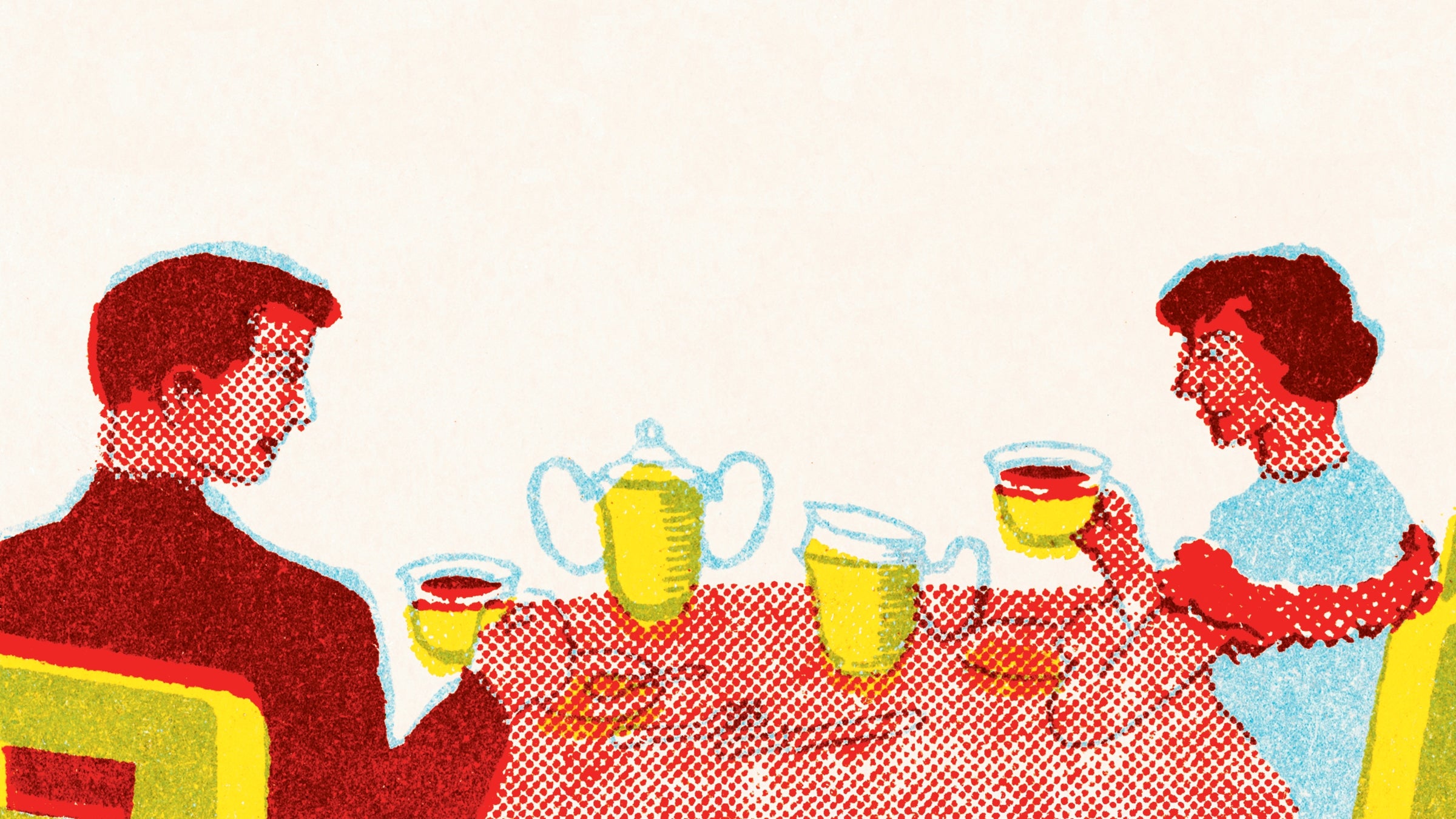 Pop art image of a couple eating dinner at the table