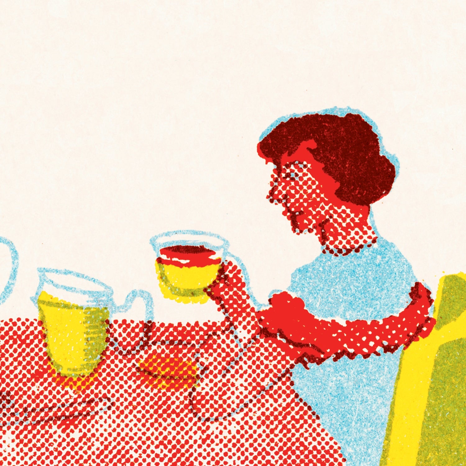 pop art image of a woman eating at a dinner table