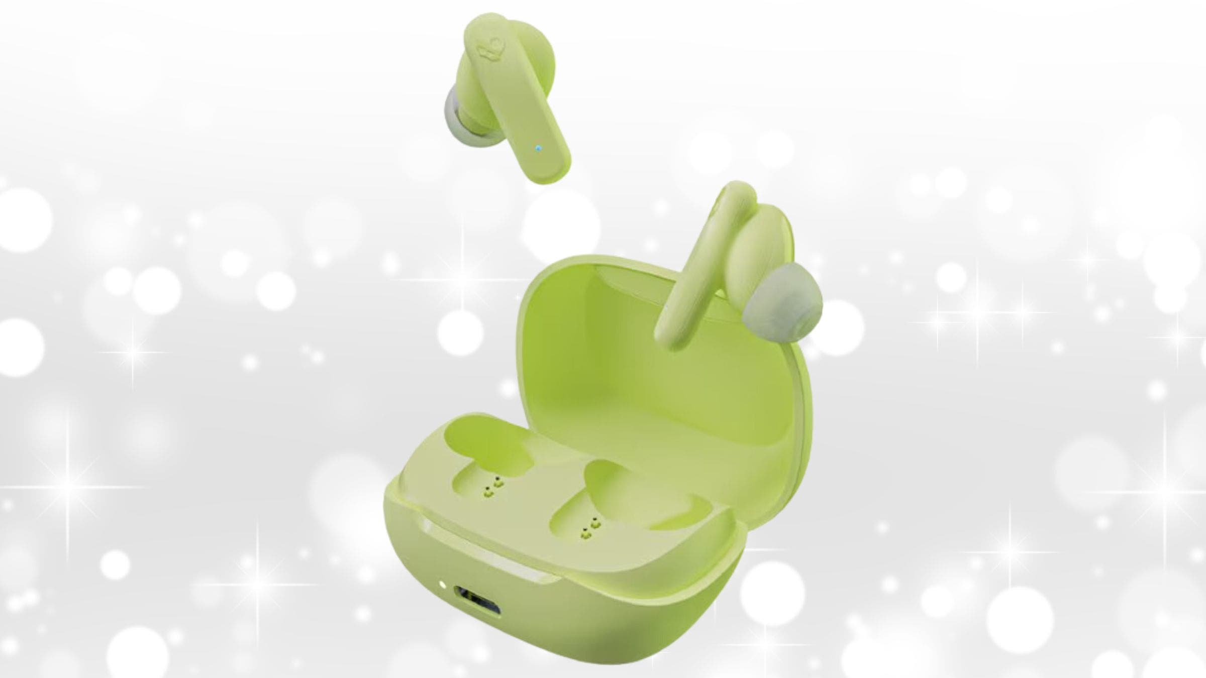 green earbuds on white background