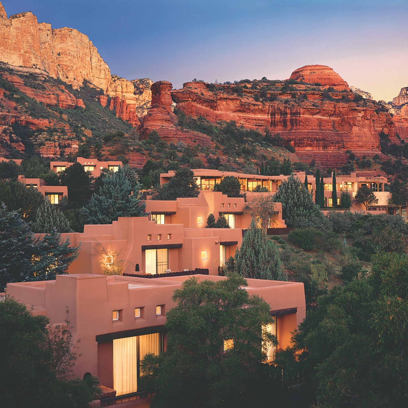 The adobe-style casitas of Enchantment Resort set against Boynton Canyon in Sedona, Arizona