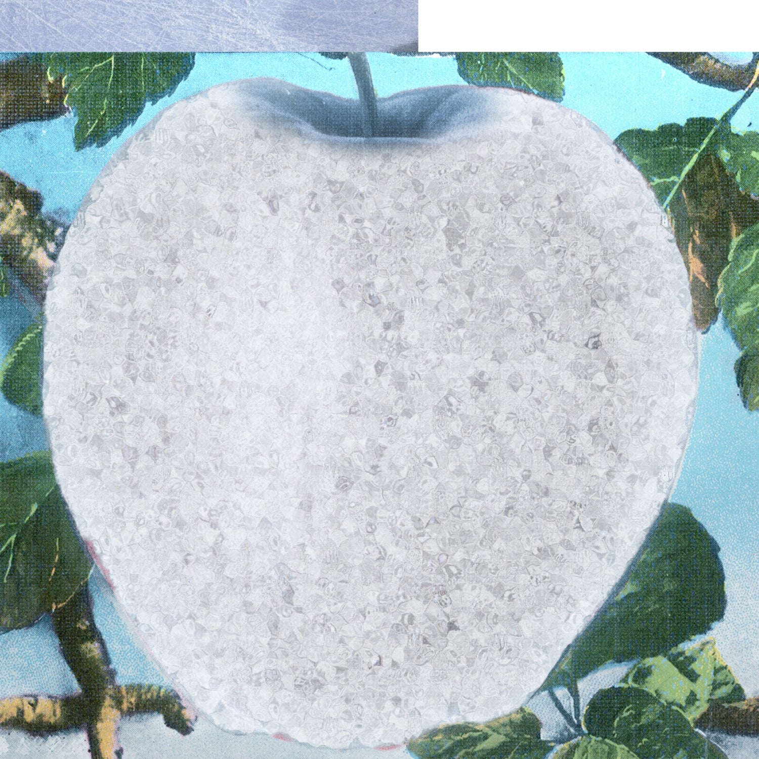 An abstract collage of a frozen grey-colored apple on top of a leaf an ice cube background.