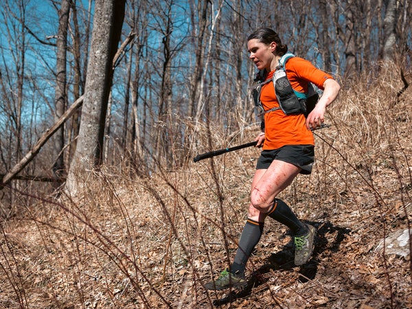 Paris heading down the briar-filled slopes at the Barkley Marathons