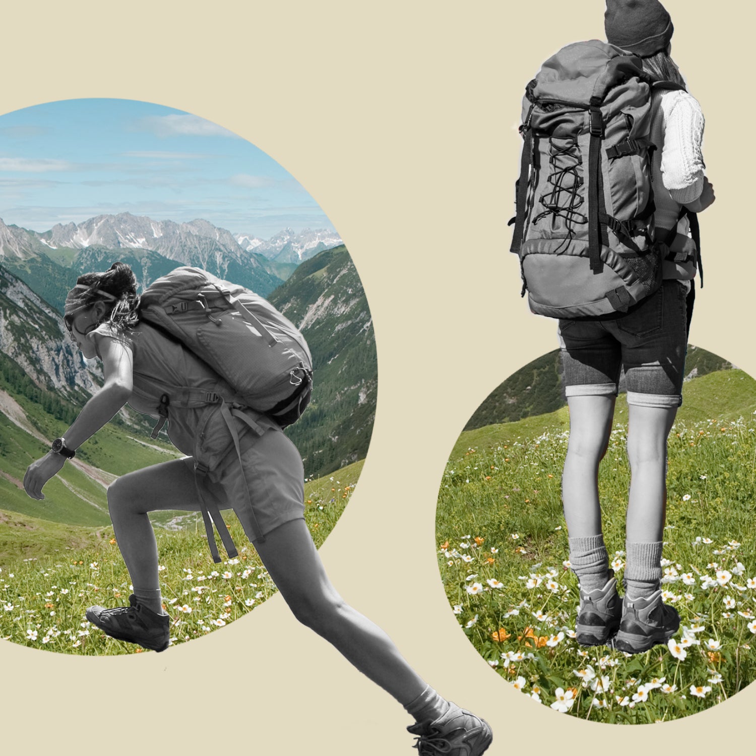 Collage of people rucking over mountain landscape