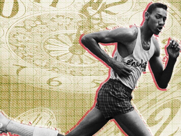 Photo illustration of Wilt Chamberlain running with clocks in the background