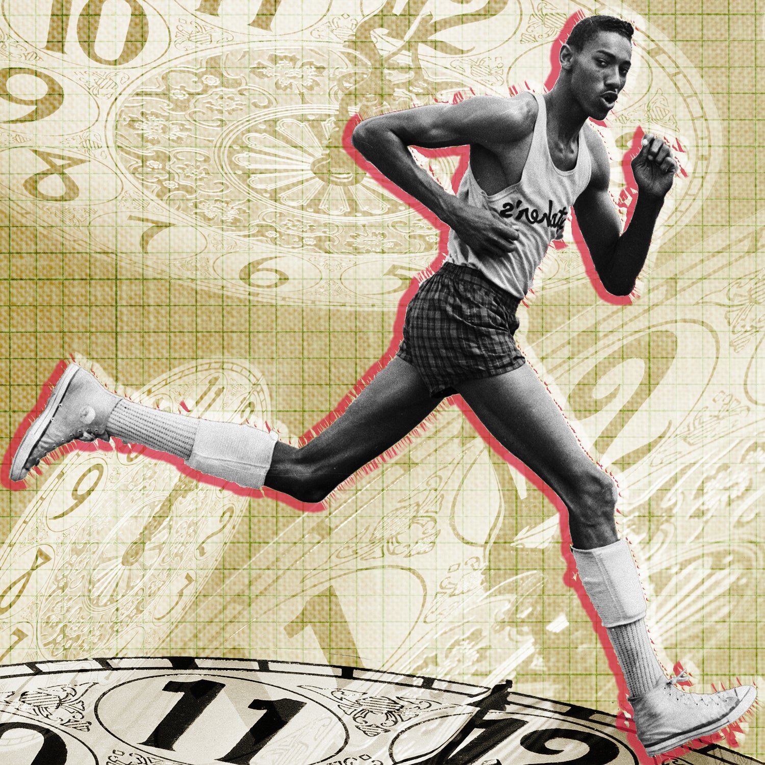 Photo illustration of Wilt Chamberlain running with clocks in the background