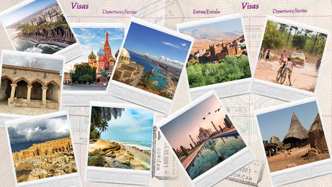 Photos of different locations over a passport background