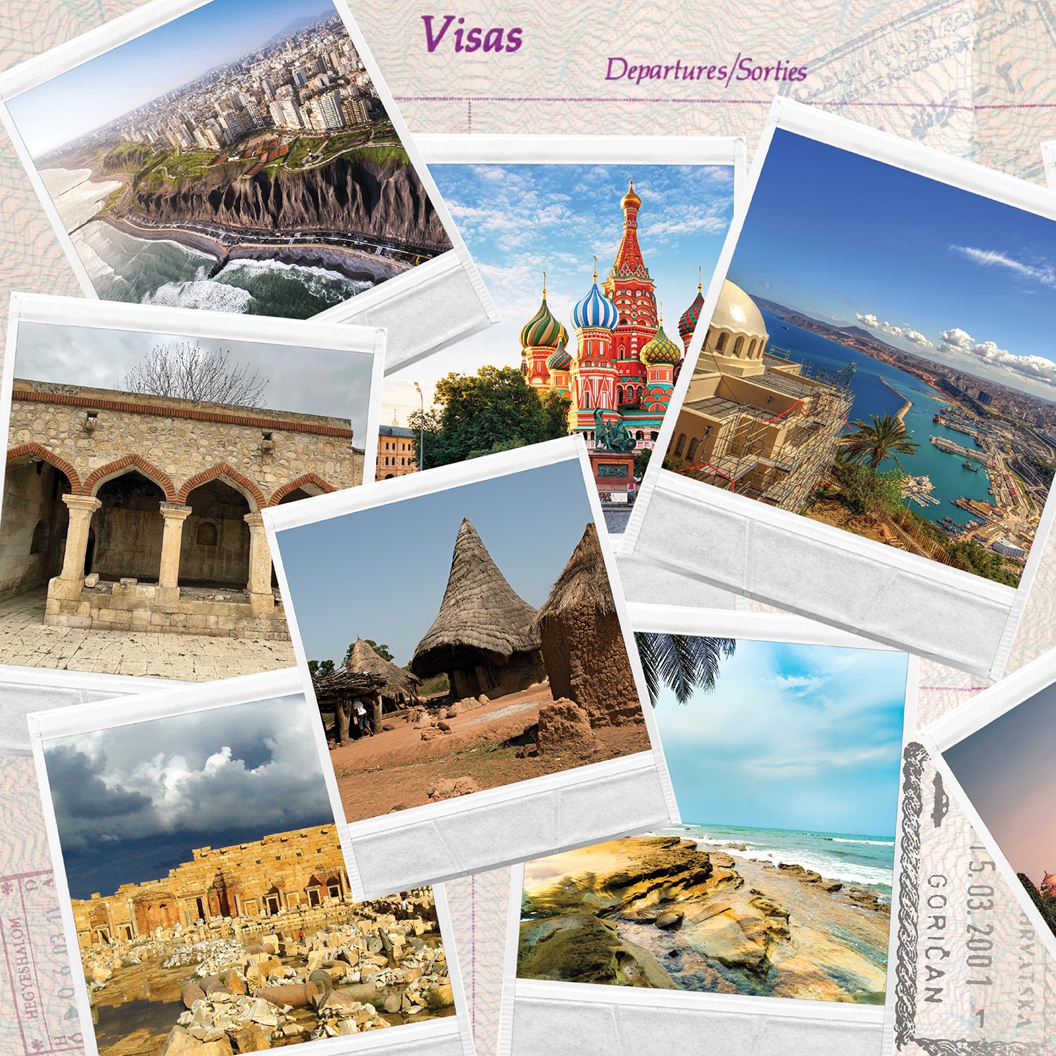 Photos of different locations over a passport background