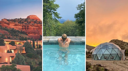A triptych of, from left, an image of Arizona’s Enchantment Resort; the pool at The Swag, in North Carolina; and one of the dome rooms at Clear Sky Resorts Bryce Canyon, in Utah