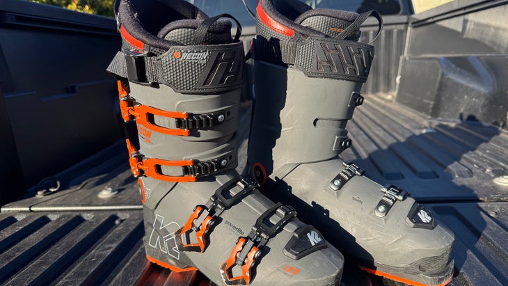 Closeup of K2 Recon ski boots in truck bed