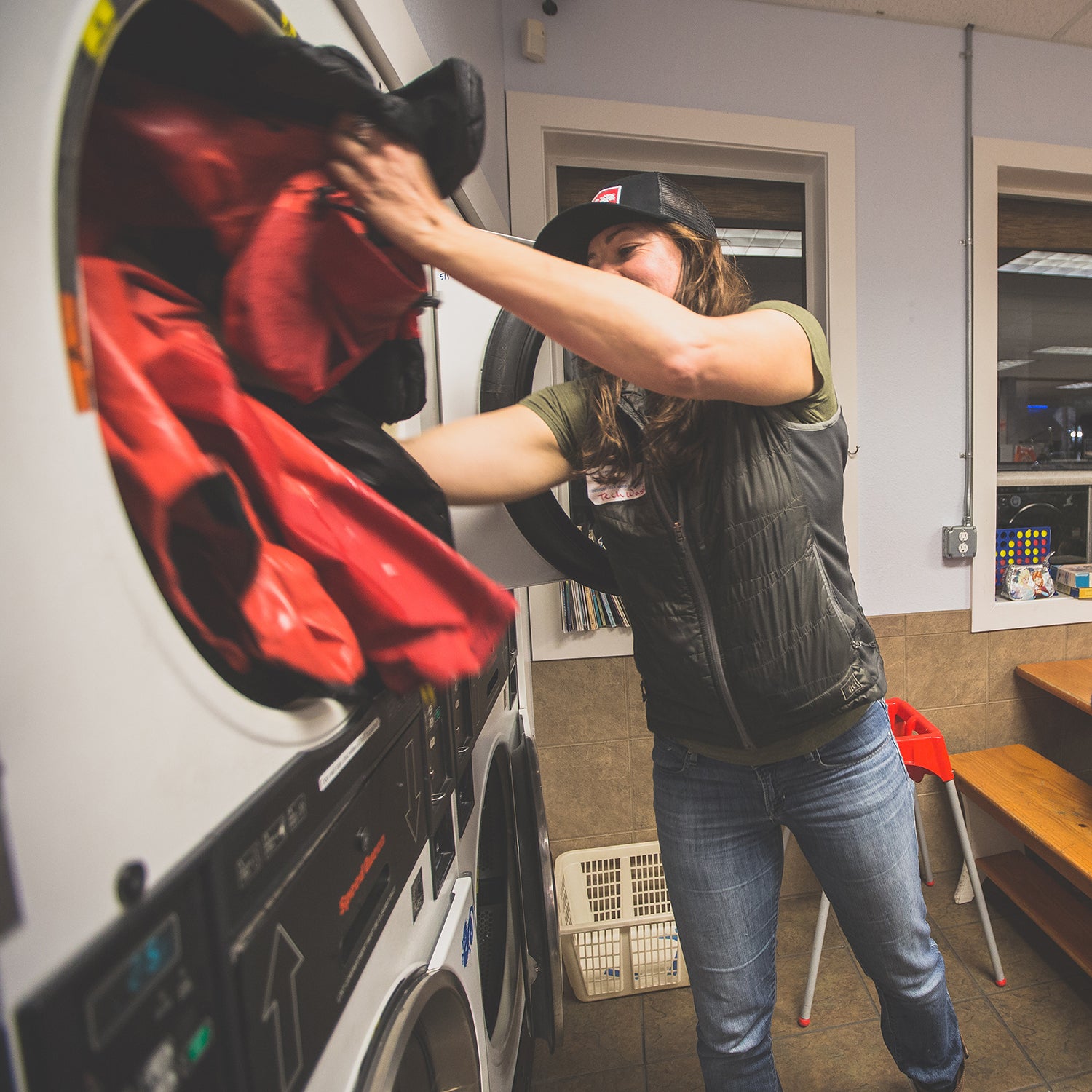 Waterproof technical apparel through a wash cycle.