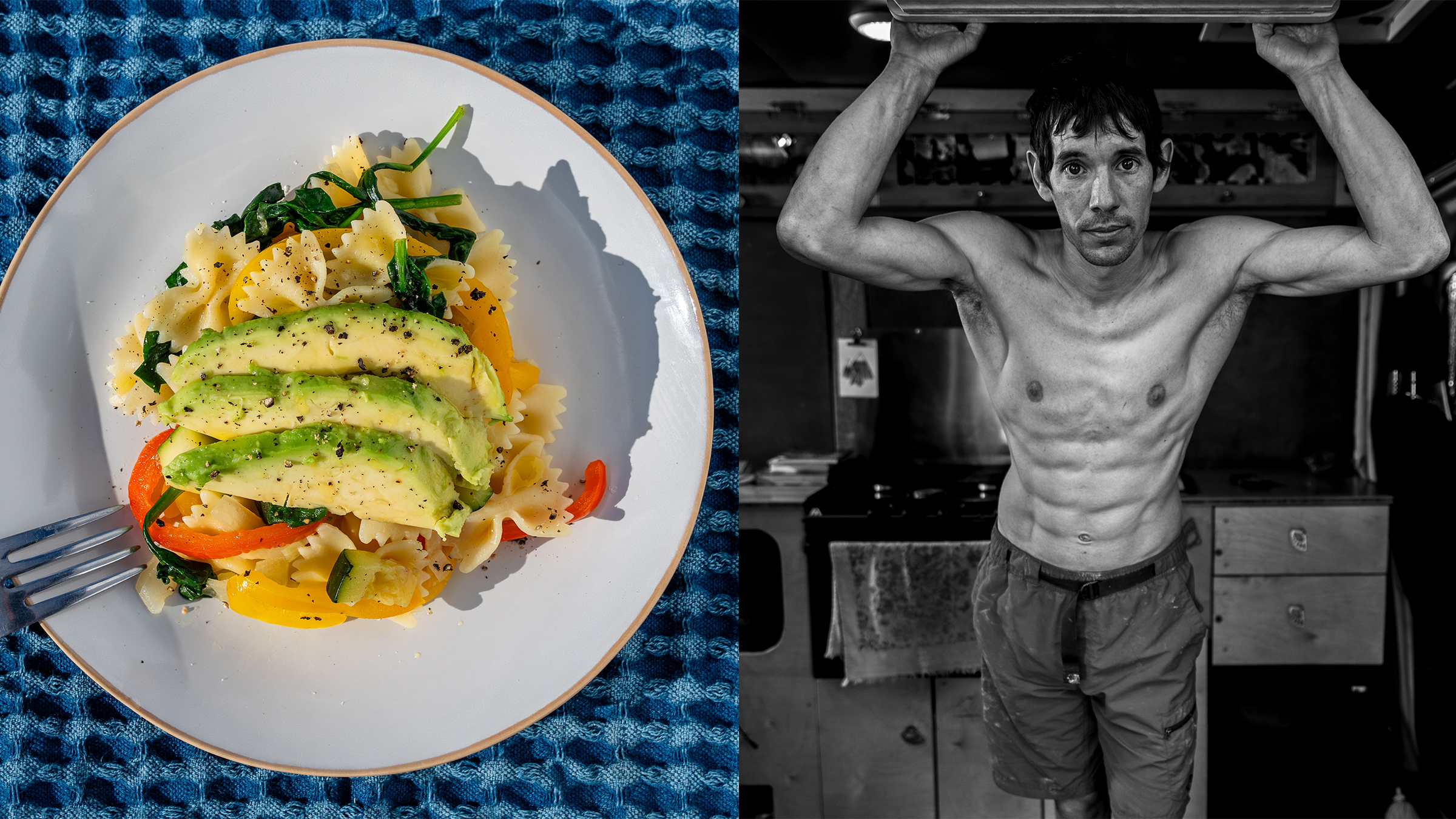 side by side of alex honnold and his favorite pasta dish