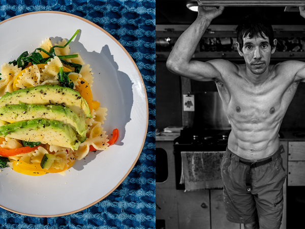 side by side of alex honnold and his favorite pasta dish