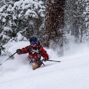 Rita Keil finding deep snow at 4 P.M. on a powder day
