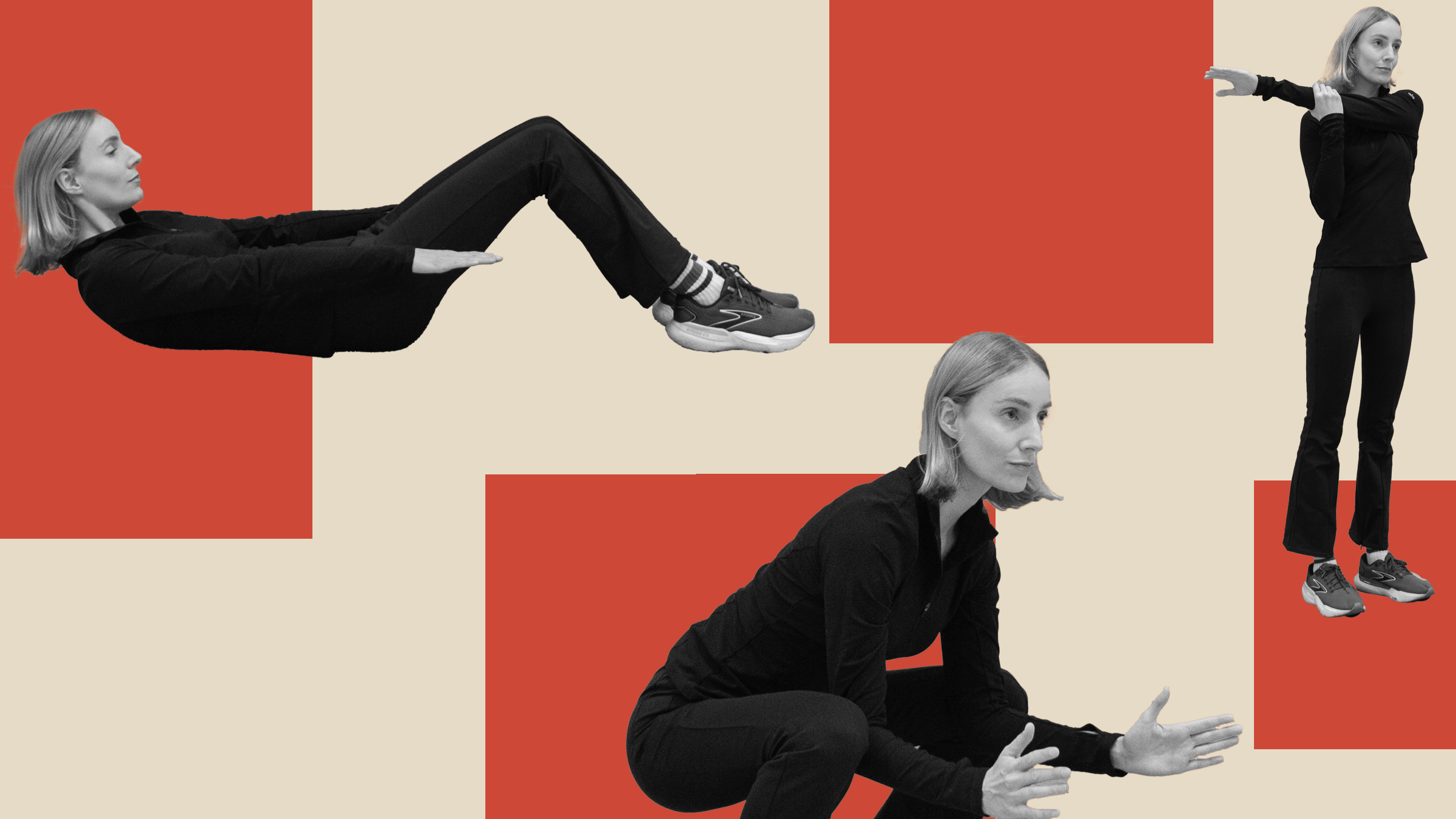 A collage of a woman doing static and dynamic stretching in three different ways over an abstract geometric background