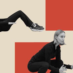 A collage of a woman doing static and dynamic stretching in three different ways over an abstract geometric background
