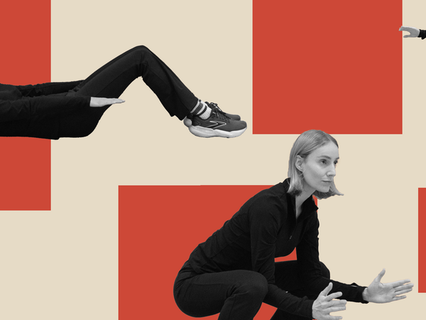 A collage of a woman doing static and dynamic stretching in three different ways over an abstract geometric background