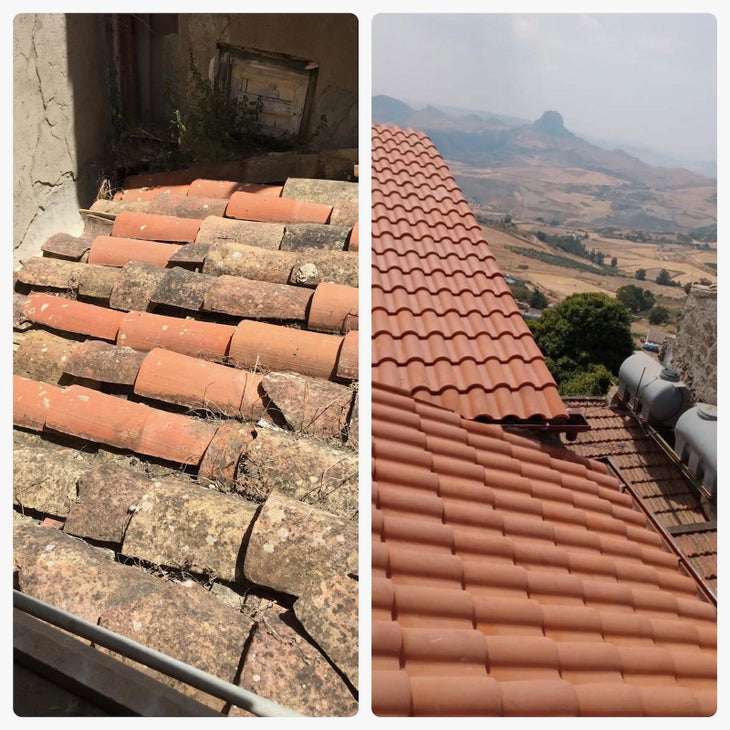 rooftop before and after on Rubia Daniel's 1 euro home in italy 