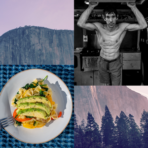 Climber Alex Honnold, El Capitan background, and pasta primavera with avocado