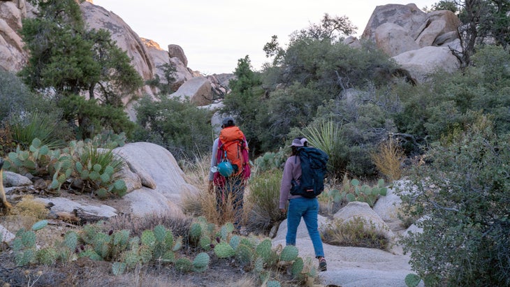 two hikers walk the barker dam trail