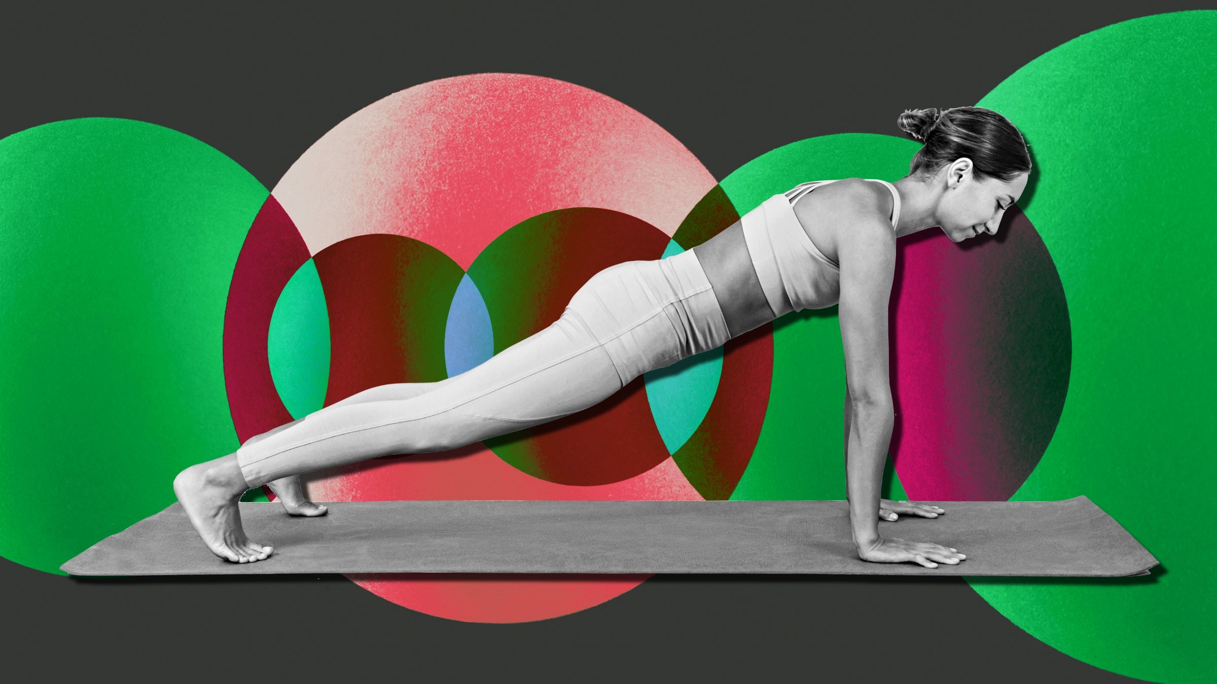 woman doing a pushup on a mat as part of a bodyweight workout plan over a graphic background of circles