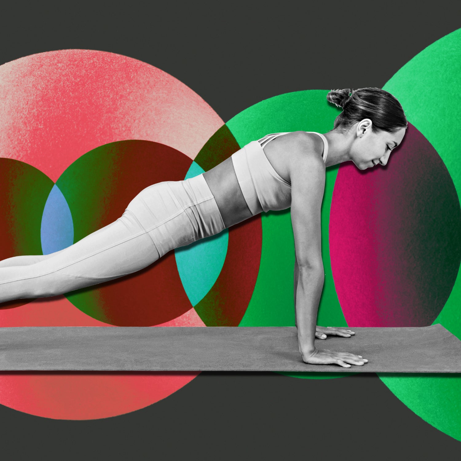 woman doing a pushup on a mat as part of a bodyweight workout plan over a graphic background of circles