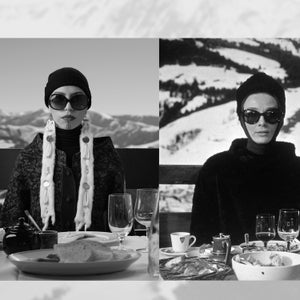 A photo of model Quannah ChasingHorse alongside an old image of Audrey Hepburn