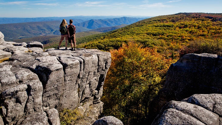 hikers at the Bear Rocks overlook in the Dolly Sods Wilderness