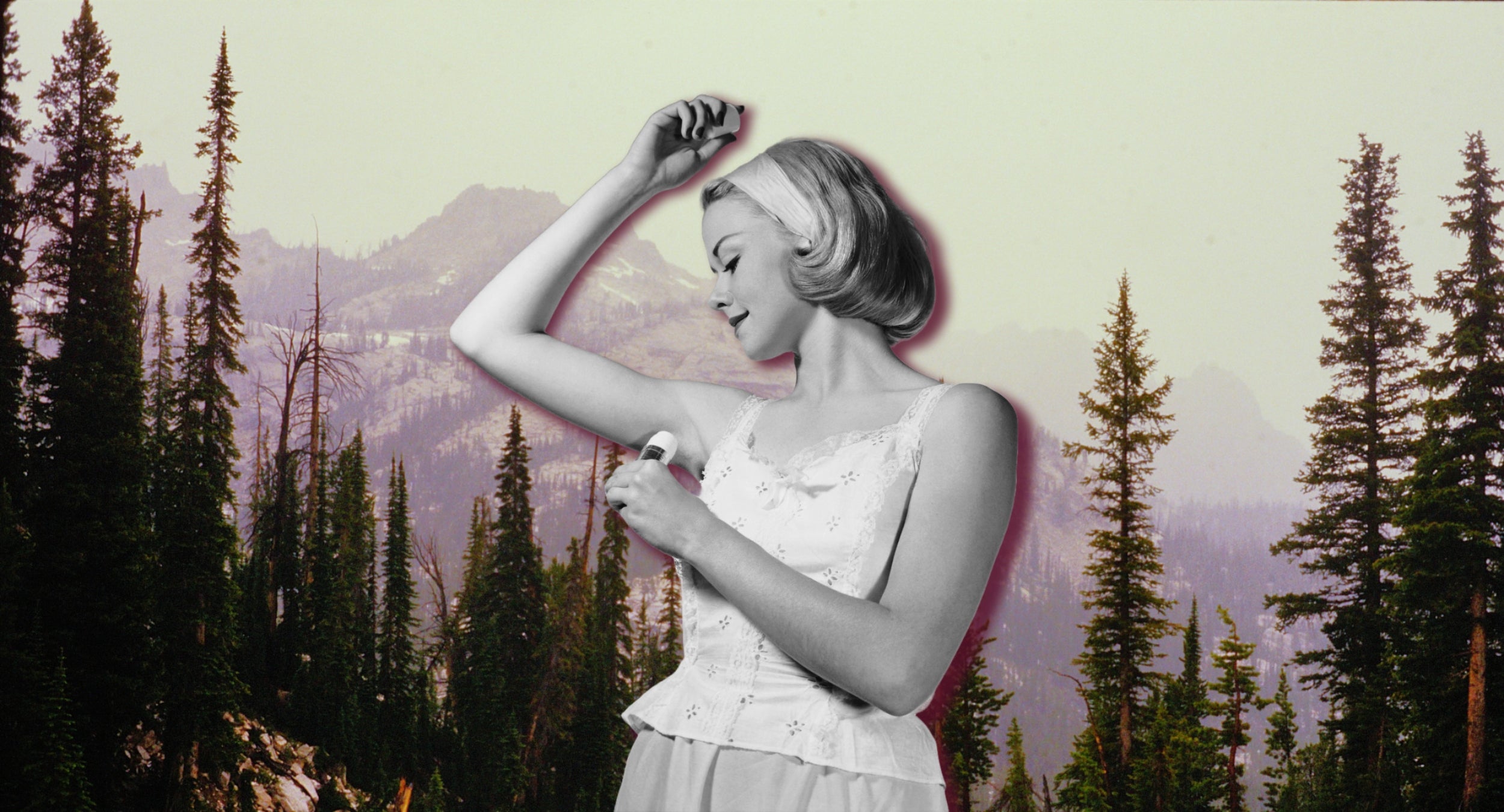 Collage of woman applying deodorant over a wilderness background