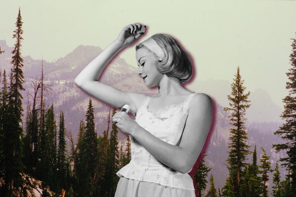 Collage of woman applying deodorant over a wilderness background