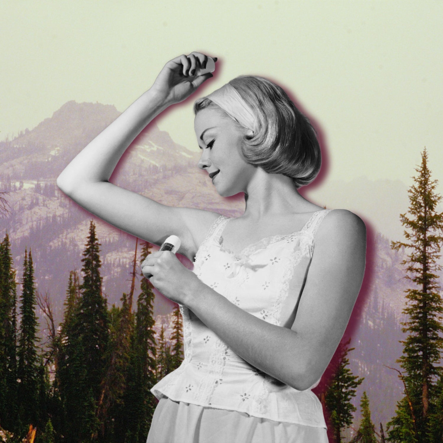 Collage of woman applying deodorant over a wilderness background