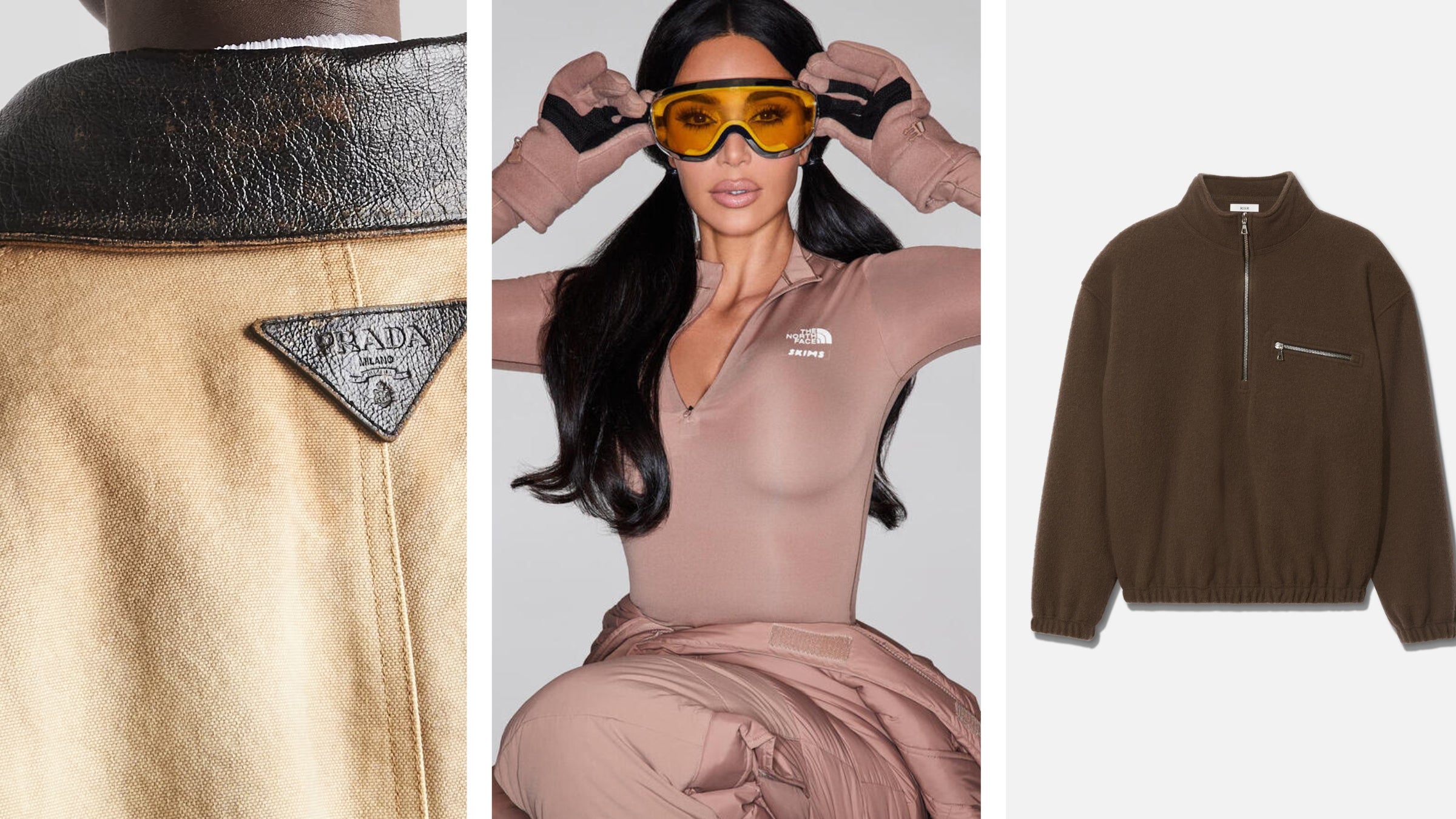 closeup of Prada tag on brown jacket, Kim Kardashian in the North Face collab, and a brown fleece