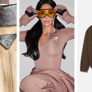 closeup of Prada tag on brown jacket, Kim Kardashian in the North Face collab, and a brown fleece